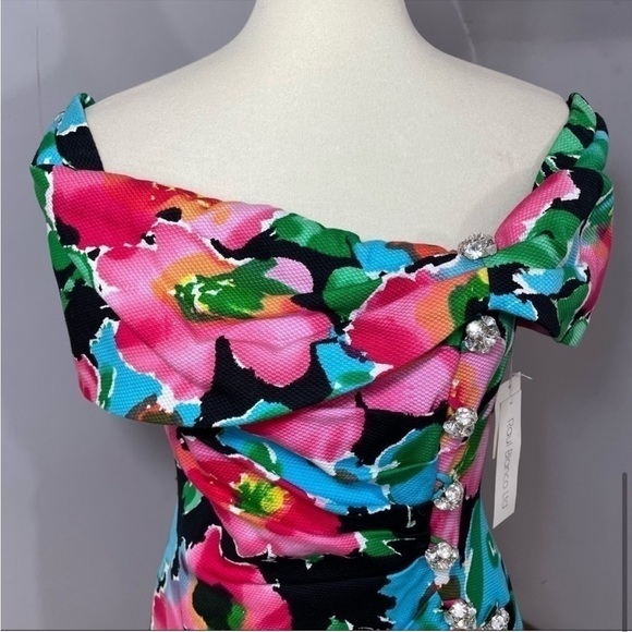 NWT Vintage rare floral asymmetrical off shoulder cocktail bodycon dress - Picture 6 of 12